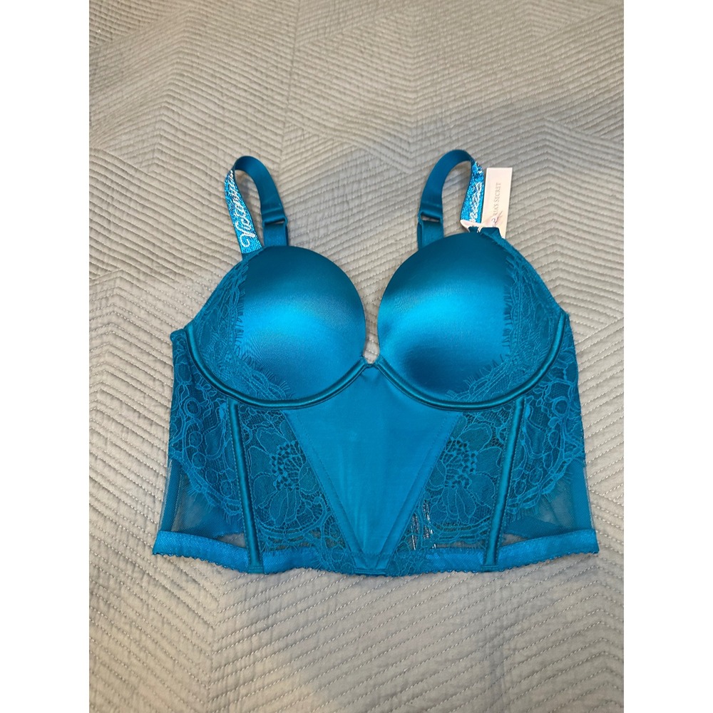 Victorias Secret Very Sexy Shine Strap Lace Push-Up Corset Bra Top Teal 34C